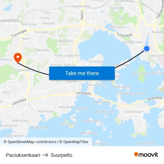 Paciuksenkaari to Suurpelto map