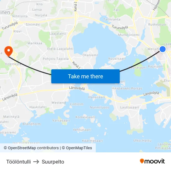 Töölö Toll to Suurpelto map
