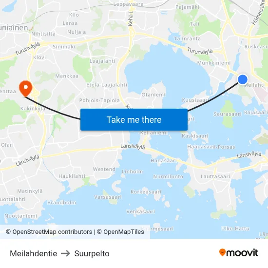 Meilahdentie to Suurpelto map