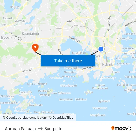 Aurora Hospital to Suurpelto map