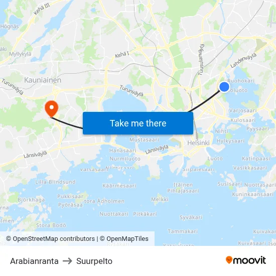 Arabianranta to Suurpelto map
