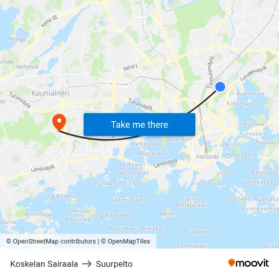 Koskela Hospital to Suurpelto map