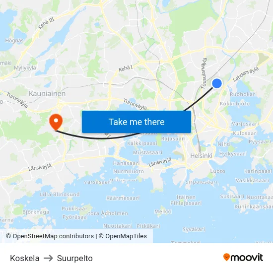Koskela to Suurpelto map