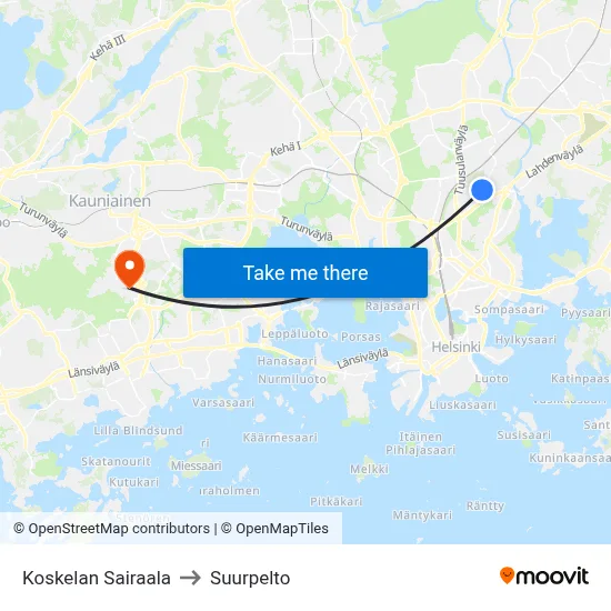 Koskela Hospital to Suurpelto map