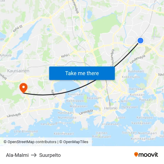 Lower Malmi to Suurpelto map
