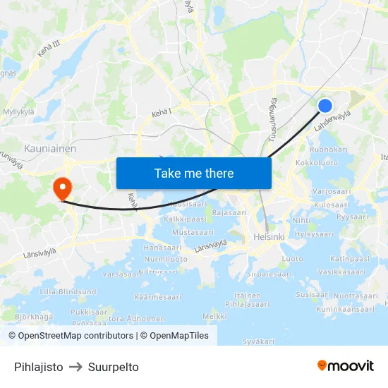 Pihlajisto to Suurpelto map