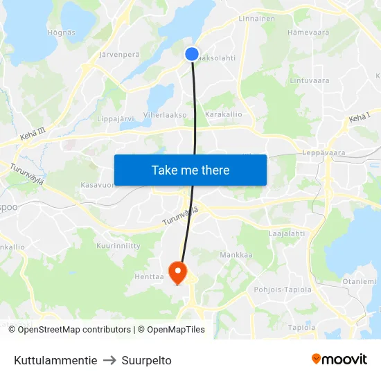 Kuttulampi Road to Suurpelto map