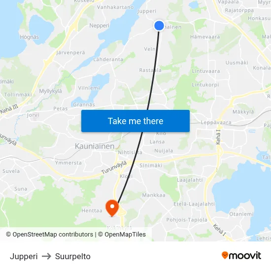 Jupperi to Suurpelto map