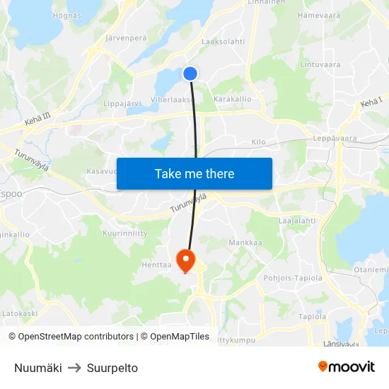 Nuumäki to Suurpelto map