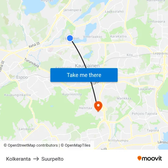 Kolkeranta to Suurpelto map