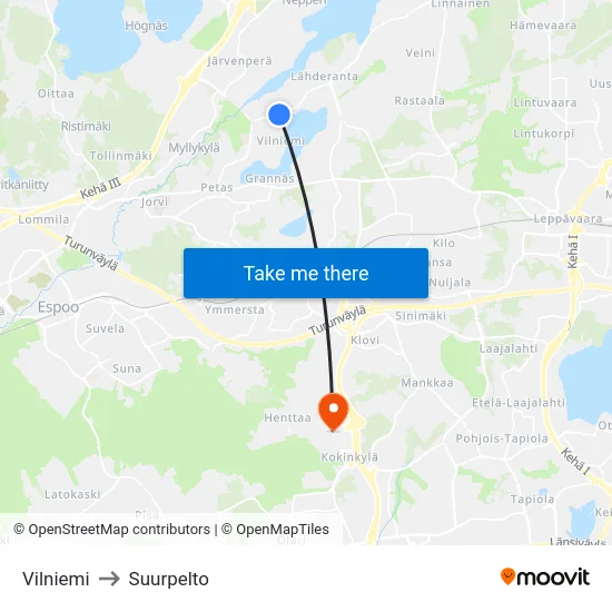 Vilniemi to Suurpelto map