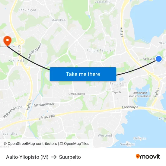 Aalto University (M) to Suurpelto map