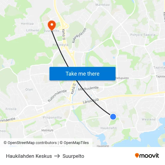 Haukilahti Center to Suurpelto map
