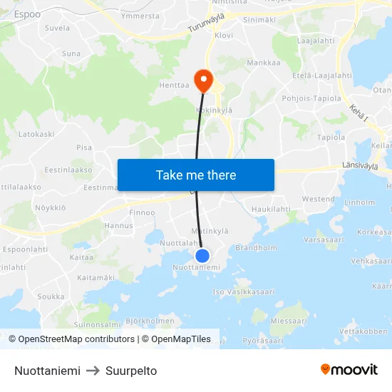 Nuottaniemi to Suurpelto map