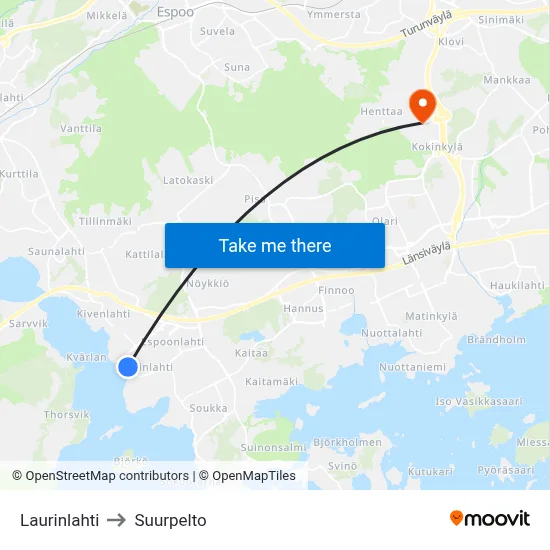 Laurinlahti to Suurpelto map
