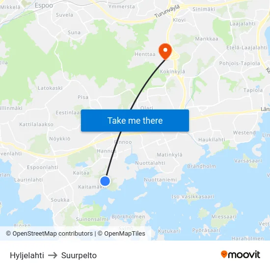Hyljelahti to Suurpelto map