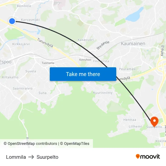 Lommila to Suurpelto map