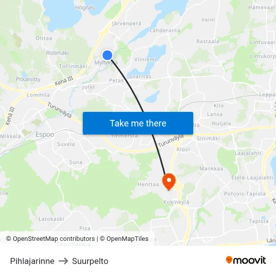 Pihlajarinna to Suurpelto map