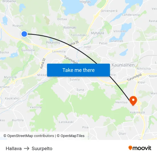 Hallava to Suurpelto map