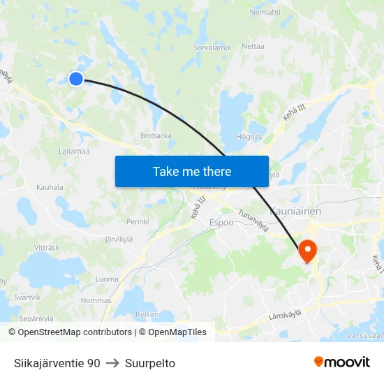 Siikajarventie 90 to Suurpelto map