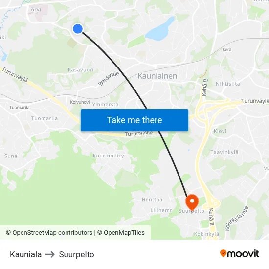 Kauniala to Suurpelto map