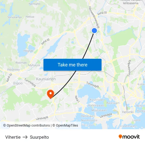 Vihertie to Suurpelto map