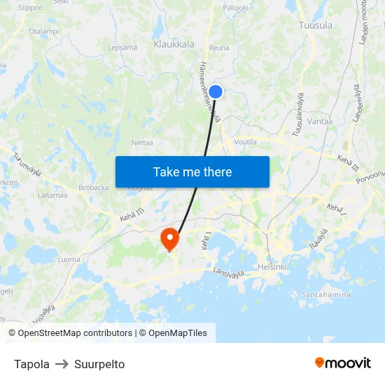 Tapola to Suurpelto map
