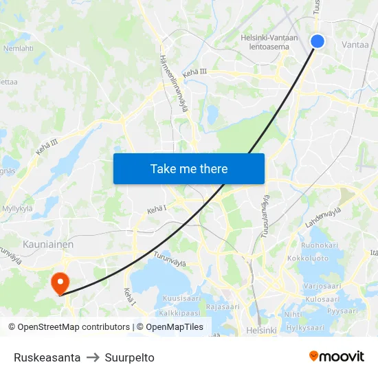Ruskeasanta to Suurpelto map