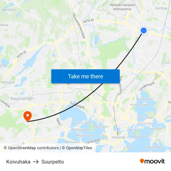 Koivuhaka to Suurpelto map