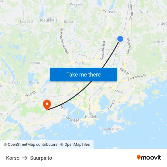 Korso to Suurpelto map