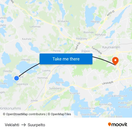 Veklahti to Suurpelto map