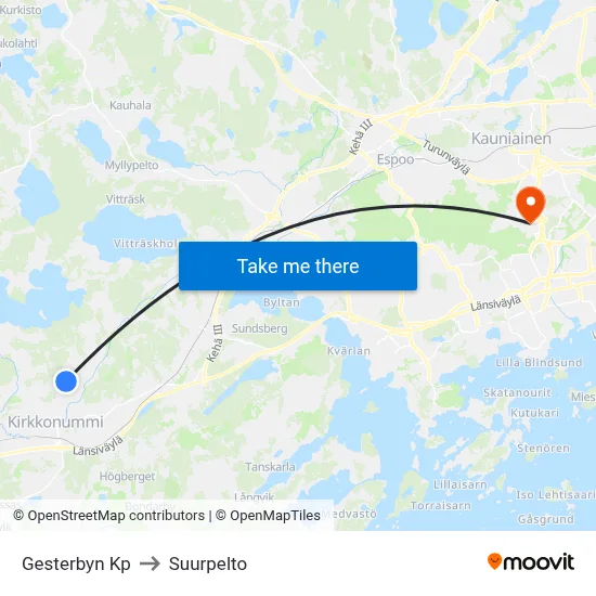 Gesterby Mall to Suurpelto map