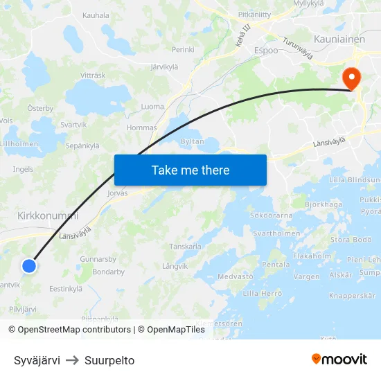 Syväjärvi to Suurpelto map