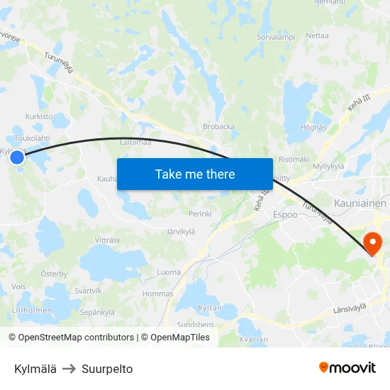 Kylmala to Suurpelto map