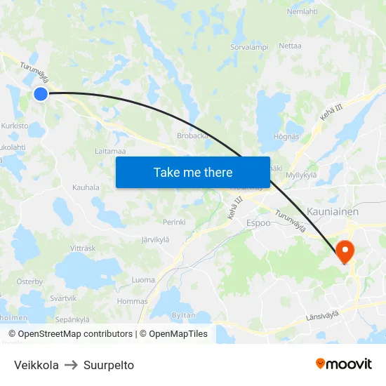 Veikkola to Suurpelto map
