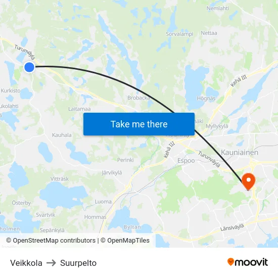 Veikkola to Suurpelto map