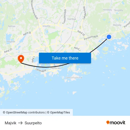 Majvik to Suurpelto map