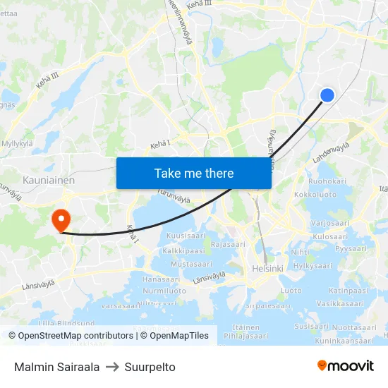 Malmi Hospital to Suurpelto map