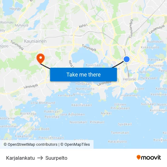 Karjalankatu to Suurpelto map