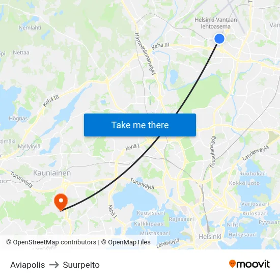 Aviapolis to Suurpelto map