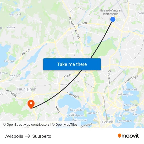 Aviapolis to Suurpelto map
