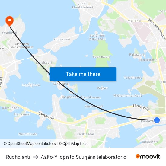 Ruoholahti to Aalto-Yliopisto Suurjännitelaboratorio map