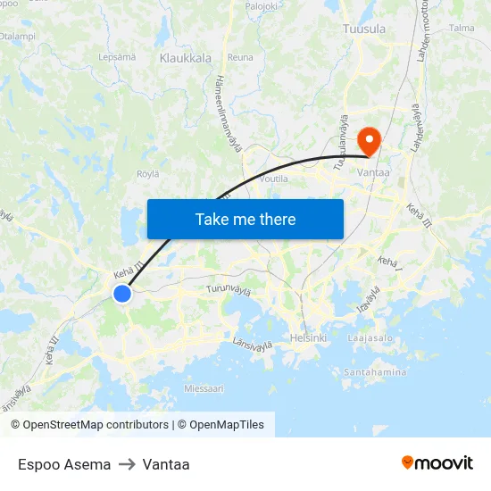 Espoo Asema to Vantaa map