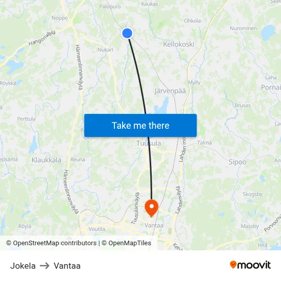 Jokela to Vantaa map