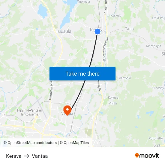 Kerava to Vantaa map