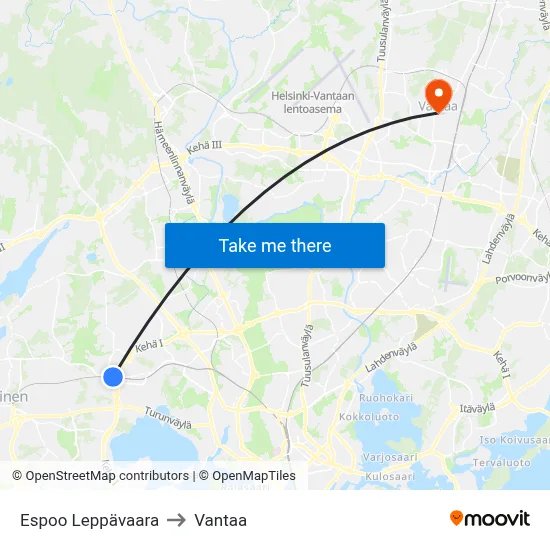 Espoo Leppävaara to Vantaa map