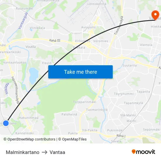 Malminkartano to Vantaa map