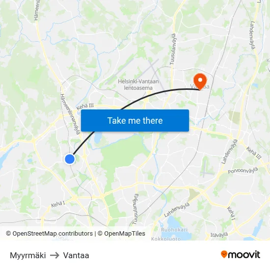 Myyrmäki to Vantaa map