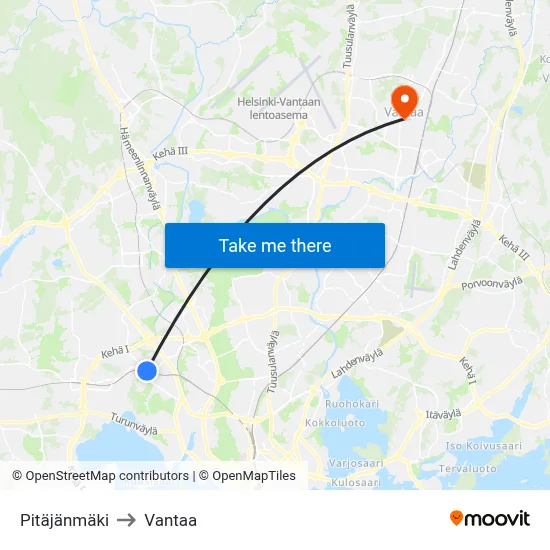 Pitajanmaki to Vantaa map
