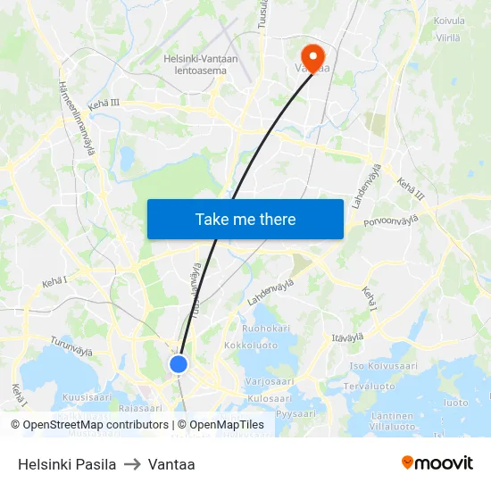 Helsinki Pasila to Vantaa map